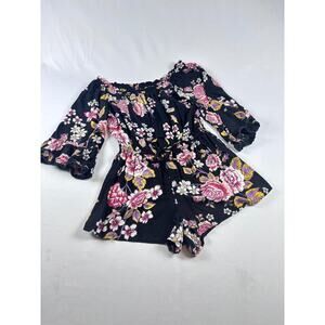 Angie Floral Romper Coquette Black Pink Off Shoulder Bell Sleeve Boho Rayon S‎